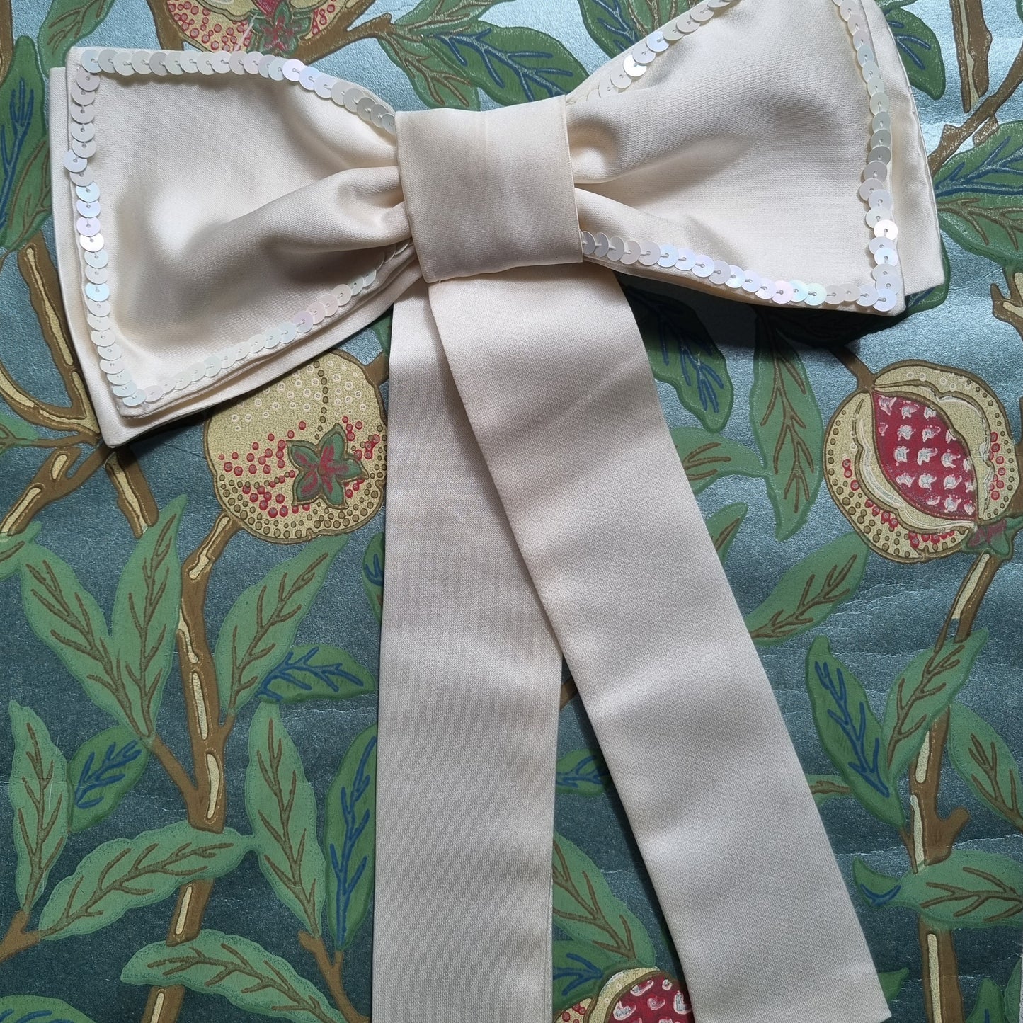 White silk sequin hair bow