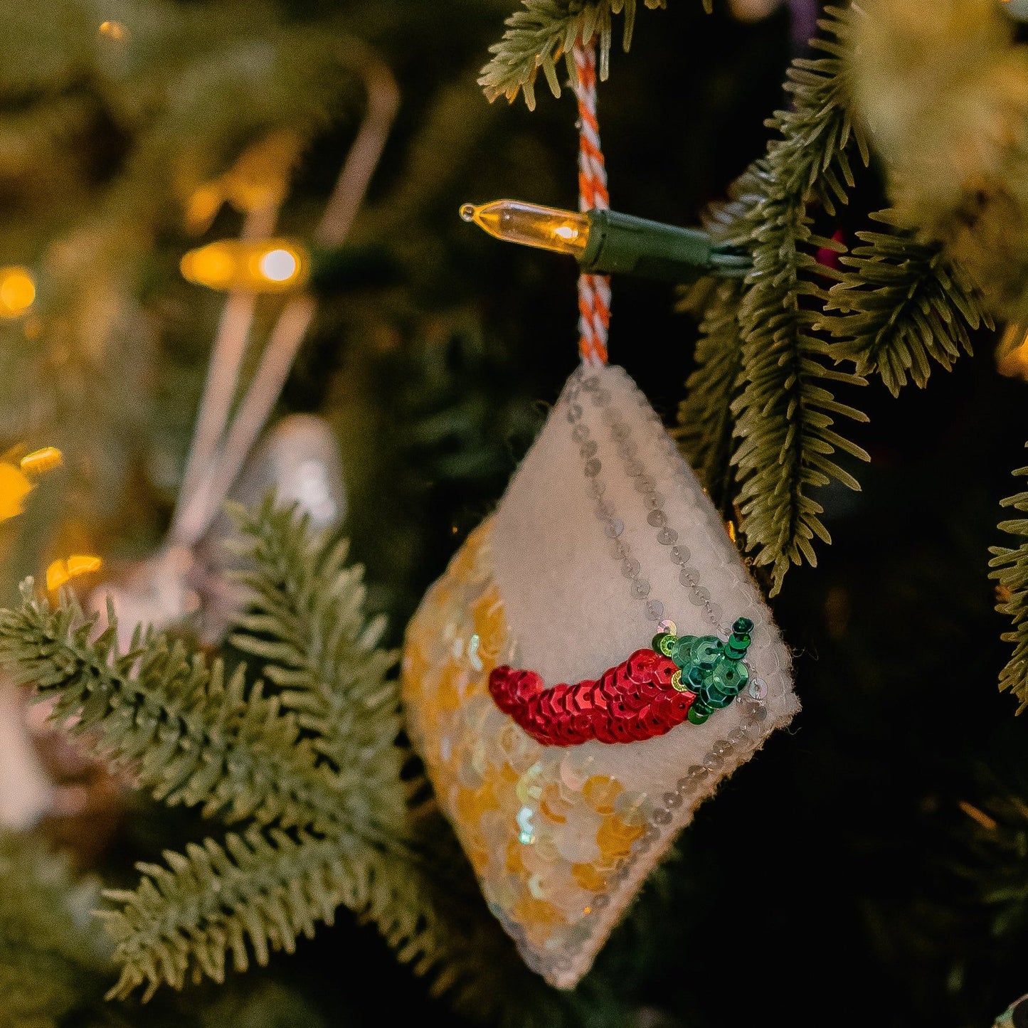 Spicy Margarita embroidered ornament on a Christmas tree