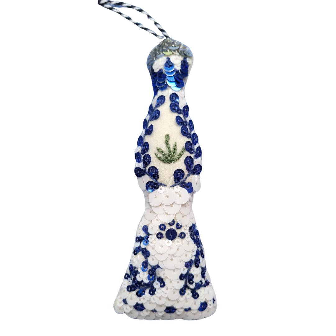 Blue and White Sequinned Tequila bottle ornament