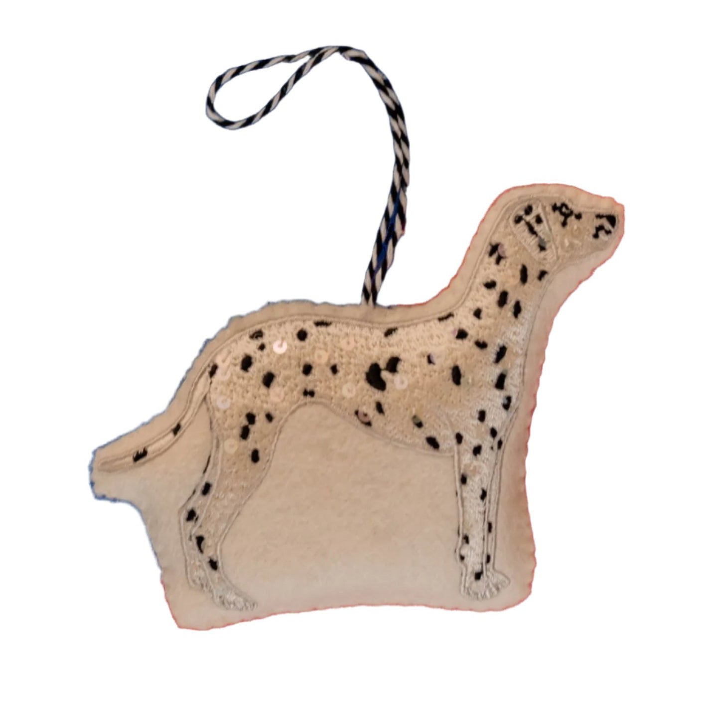 An embroidered Dalmatian Christmas ornament
