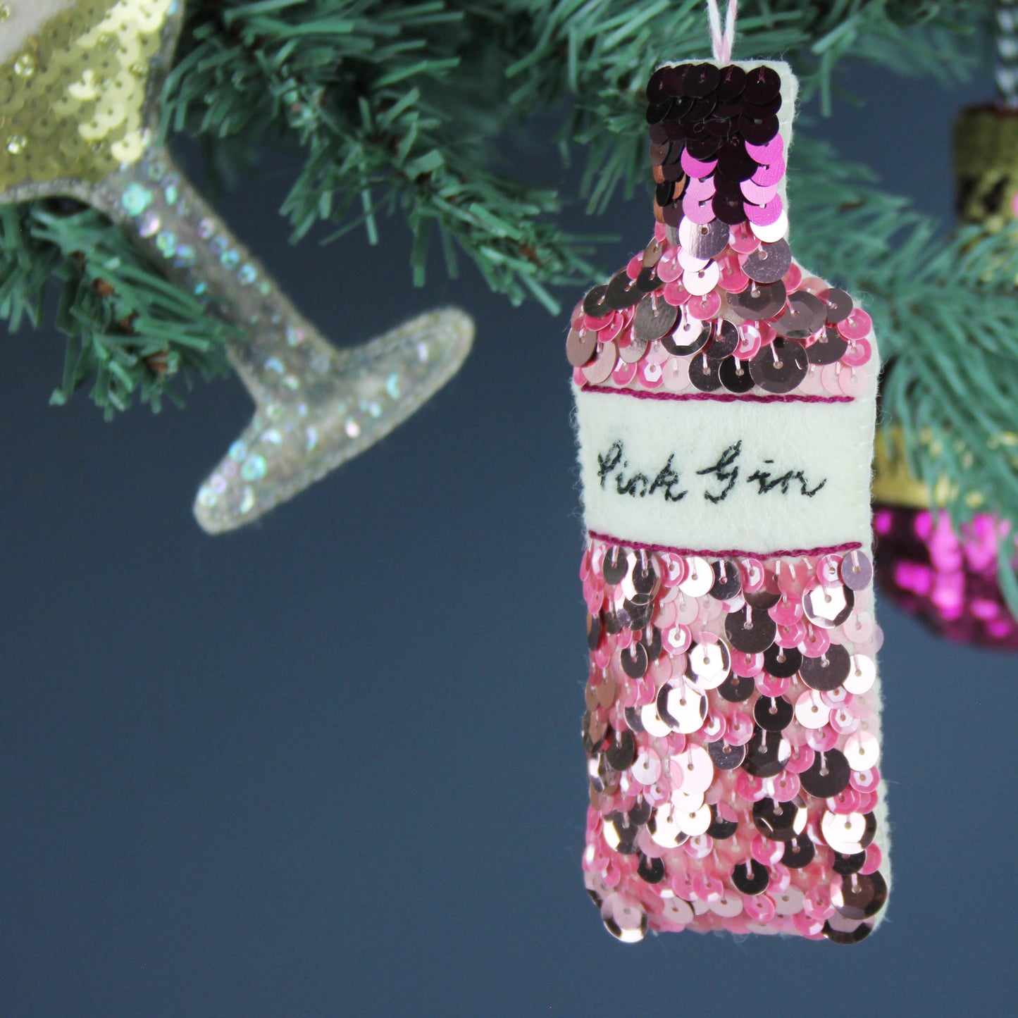 Pretty Pink Gin Sequin Hanging Ornament Decoration for Christmas