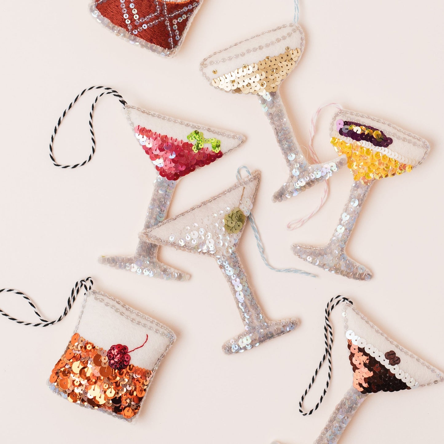 a mix of sequin cocktail ornaments