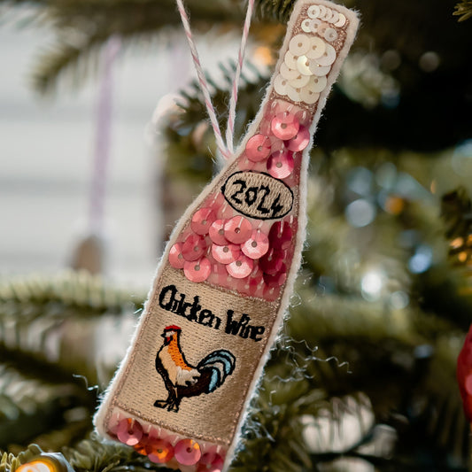 Chicken Wine embroidered sequinned ornament on a tree
