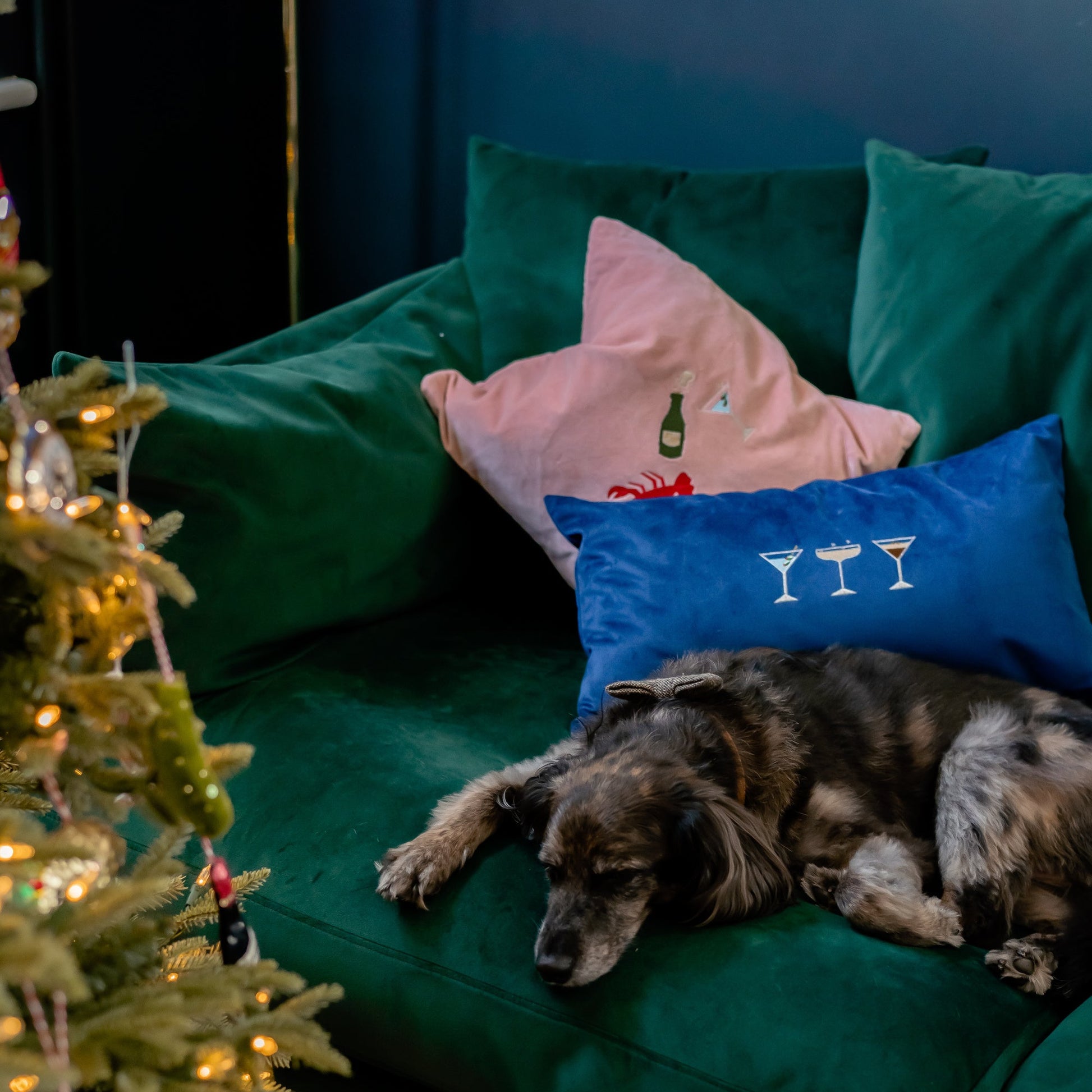 The navy cocktail cushion with embroidered martinis on velvet