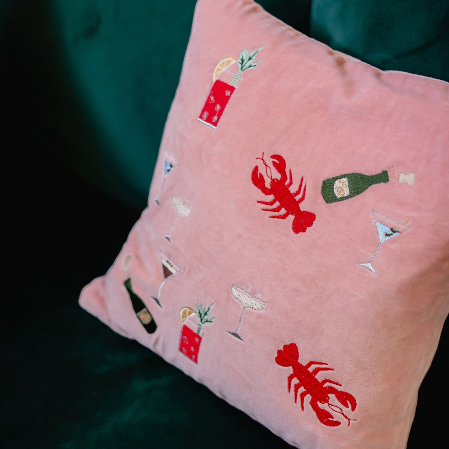 Pink Velvet Cushion with cocktail embroidery by Kate Gwilliam