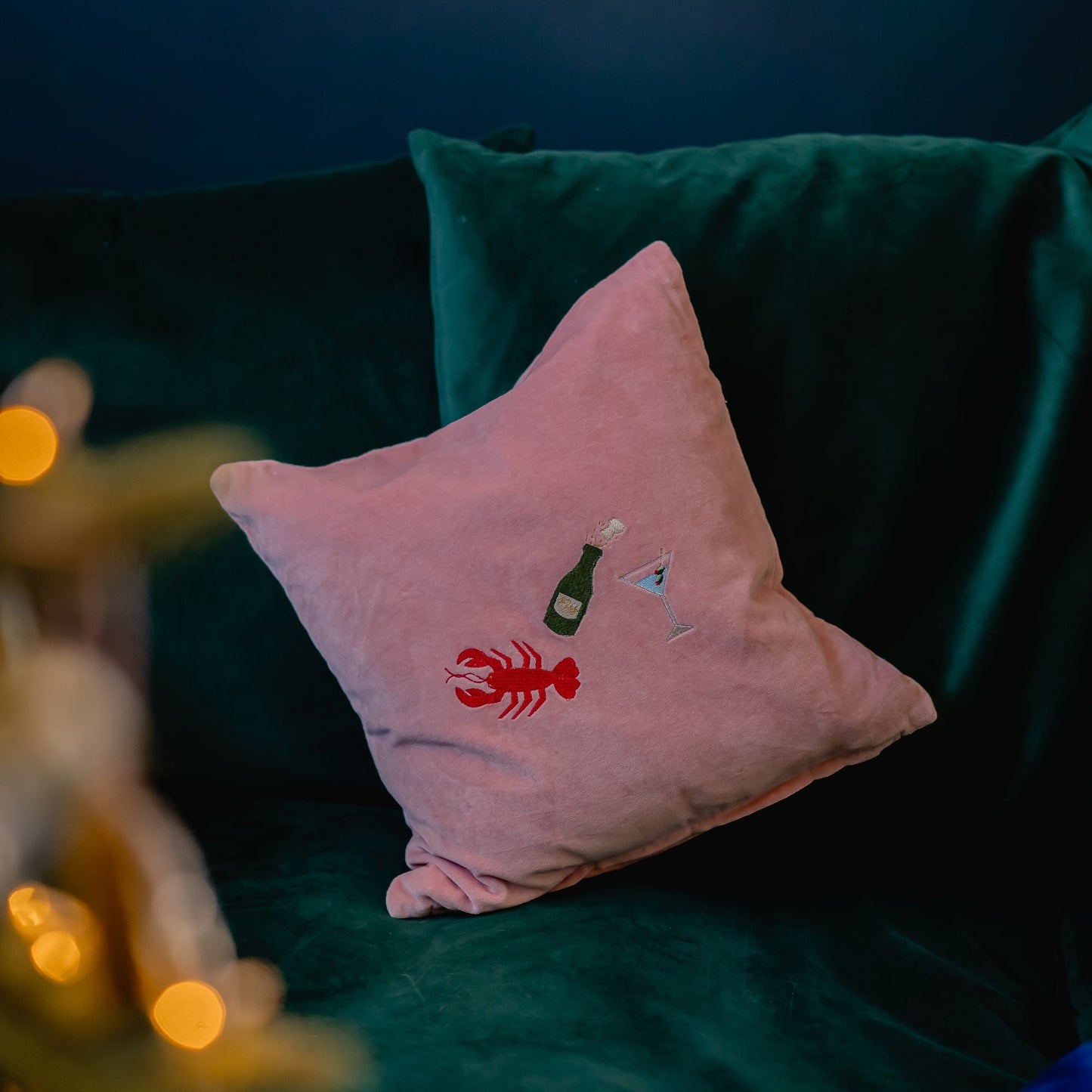 Kate Gwillliam, Queen Of Sequins, pink velvet cushion with lobster embroidery