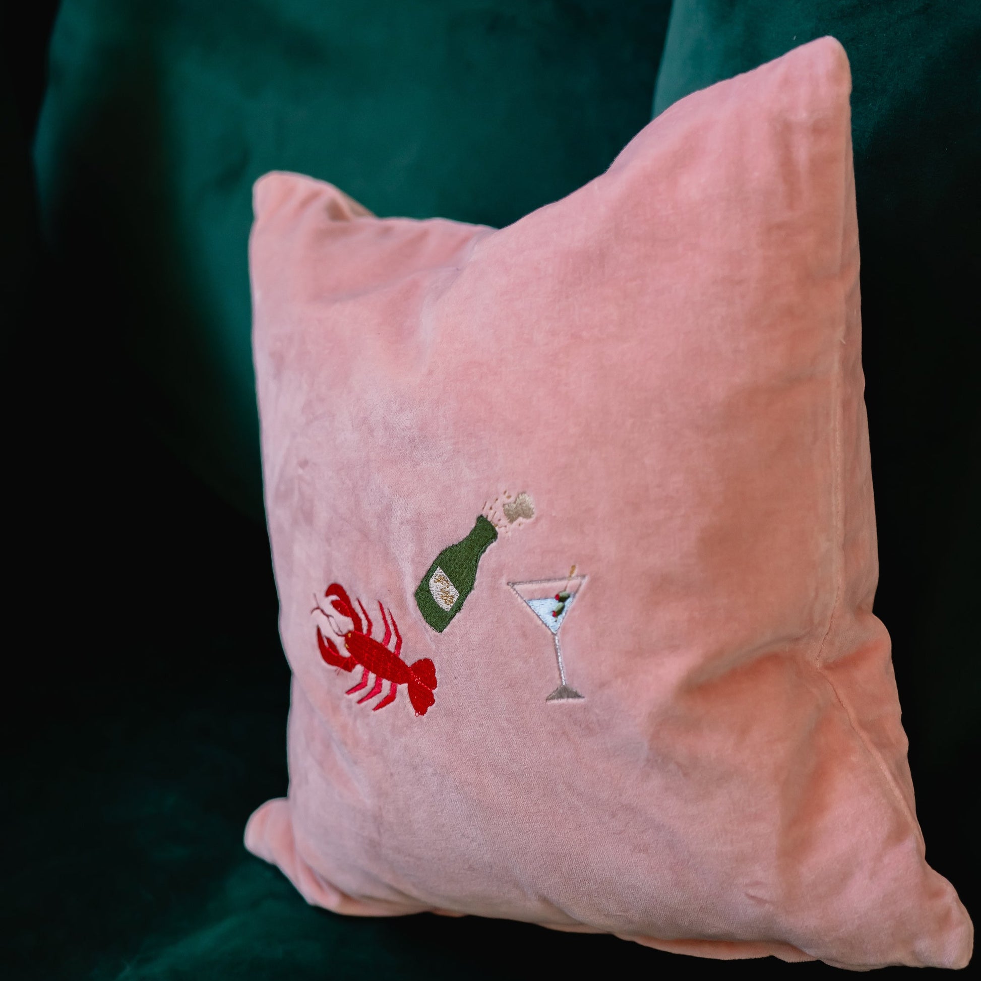 Kate Gwilliam Pink velvet cushion with lobster embroidery