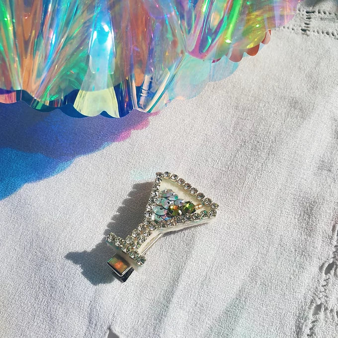 The Martini Hair Clip, a sequin martini with green crystal olives