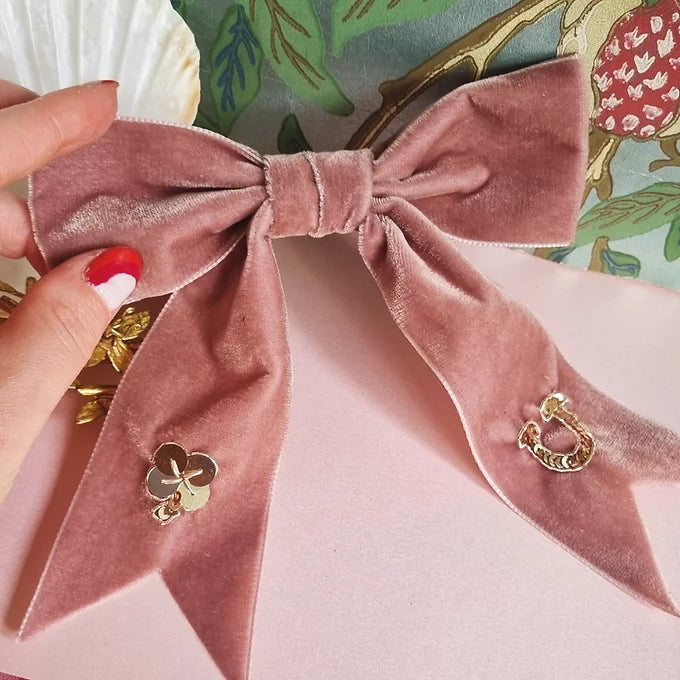 Lucky Charm Bow Pink. Pink Velvet bow with gold four leaf clover and  golden horseshoe