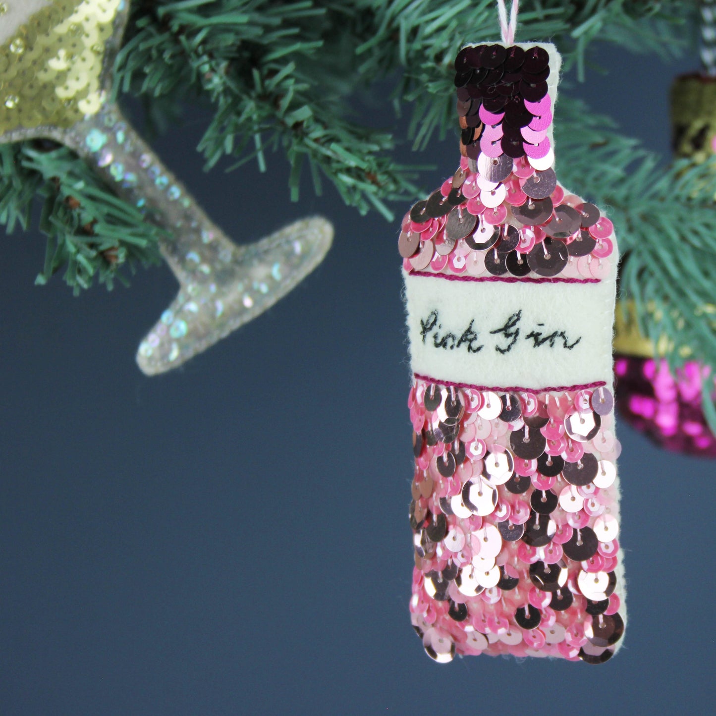 Pretty Pink Gin Sequin Hanging Ornament Decoration for Christmas 