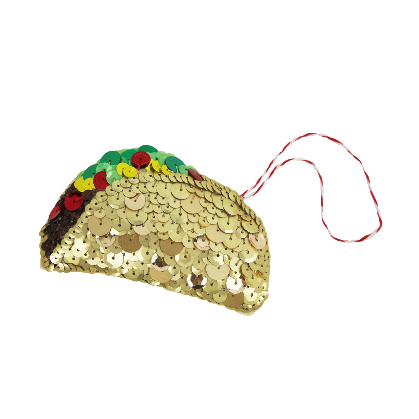 Taco Sequin Hanging Ornament, sequinned taco filled with sequinned tomato, beef, salad and cheeese
