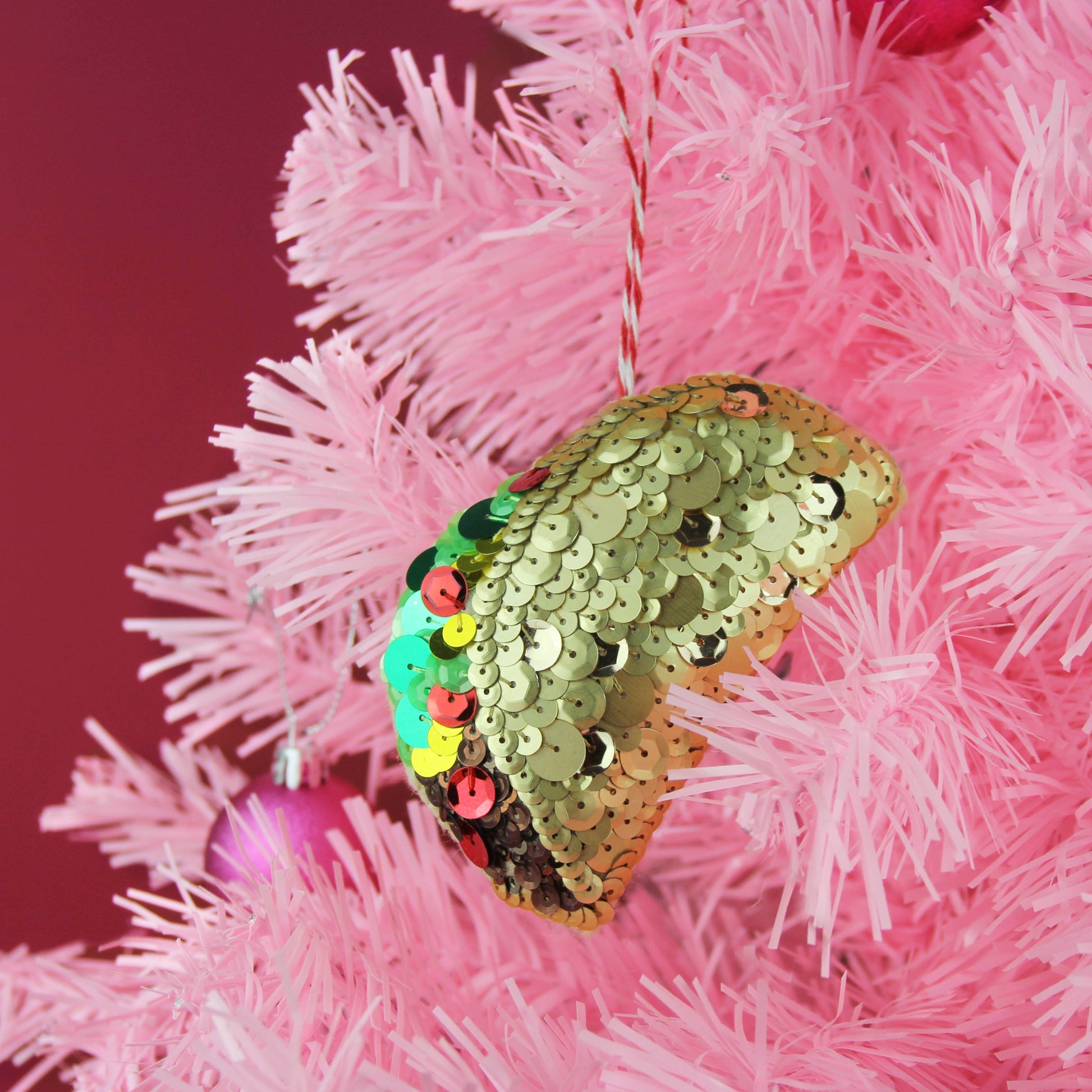 Taco Ornament, sequinned taco on a pink tree